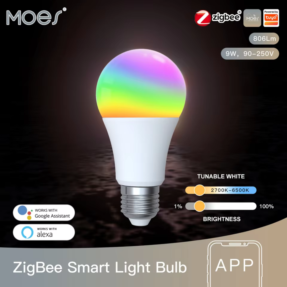 گڵۆپی زیرەکی Zigbee E27 9W (RGB+CCT) — کۆنتڕۆڵی تەواوی ڕەنگ و ڕووناکی