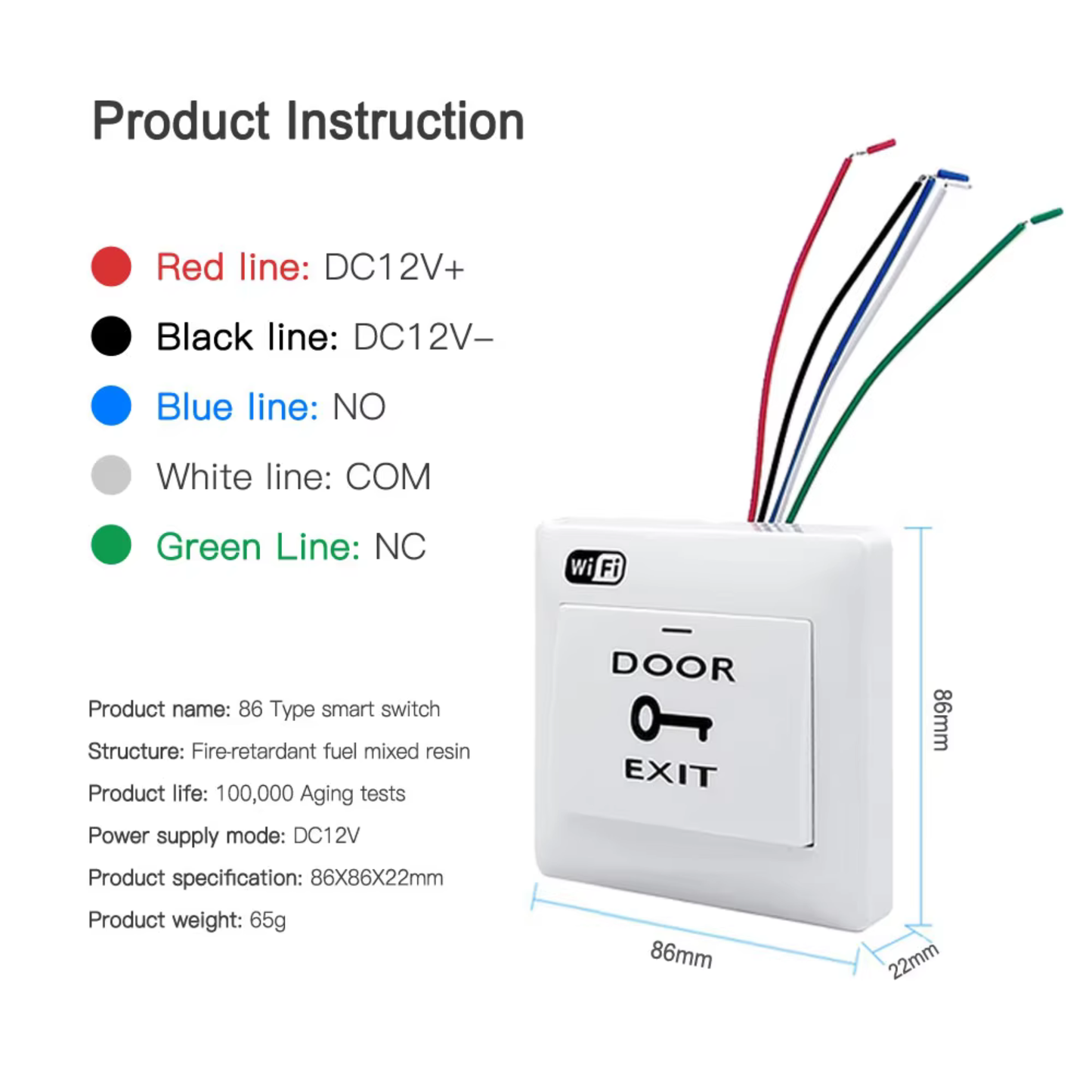Wi-Fi Smart Door Control Switch with RF433 Support – Type 86 (DC 12V) 