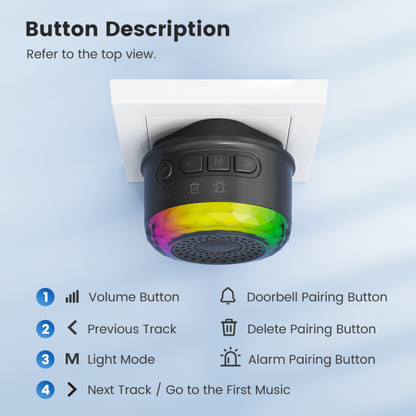 جرس باب لاسلكي — 62 نغمة، مدى 350 م، مستوى صوت حتى 110 dB، زر مقاوم للماء IP44