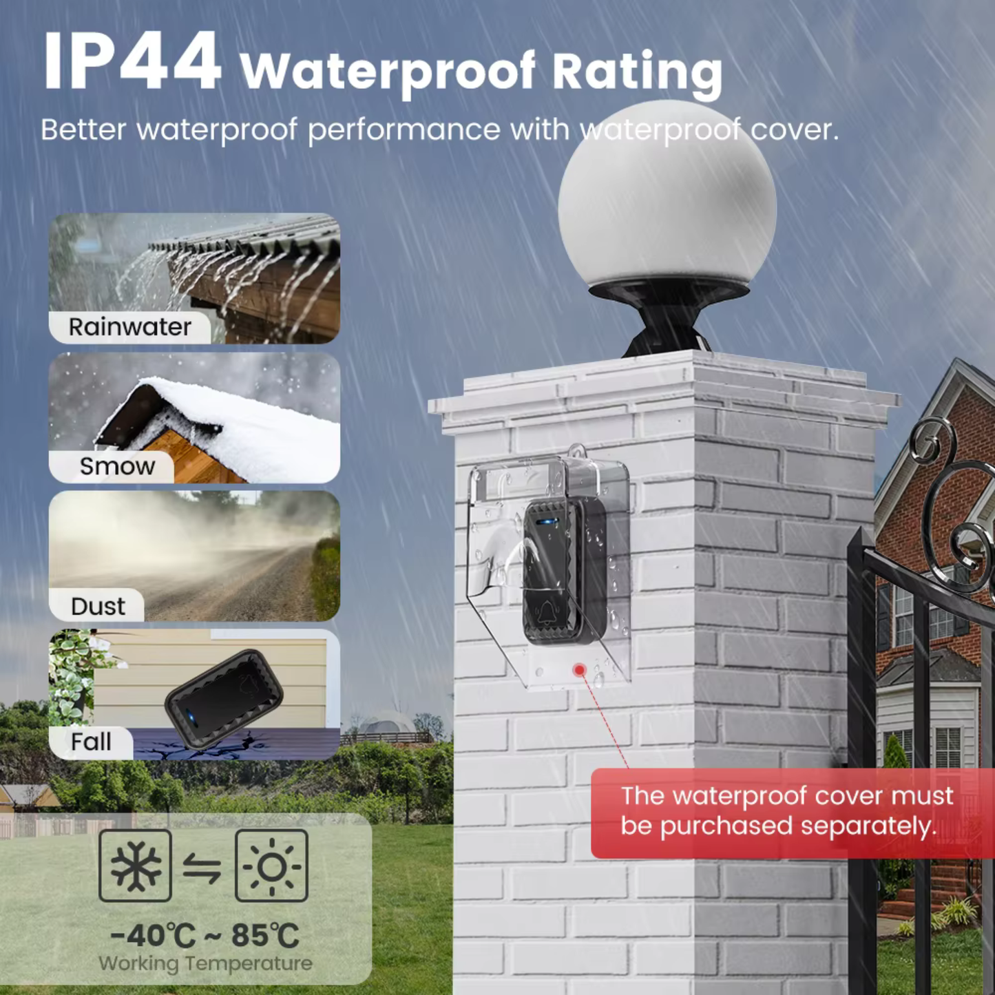 جرس باب لاسلكي — 62 نغمة، مدى 350 م، مستوى صوت حتى 110 dB، زر مقاوم للماء IP44