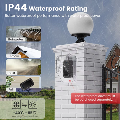 جرس باب لاسلكي — 62 نغمة، مدى 350 م، مستوى صوت حتى 110 dB، زر مقاوم للماء IP44