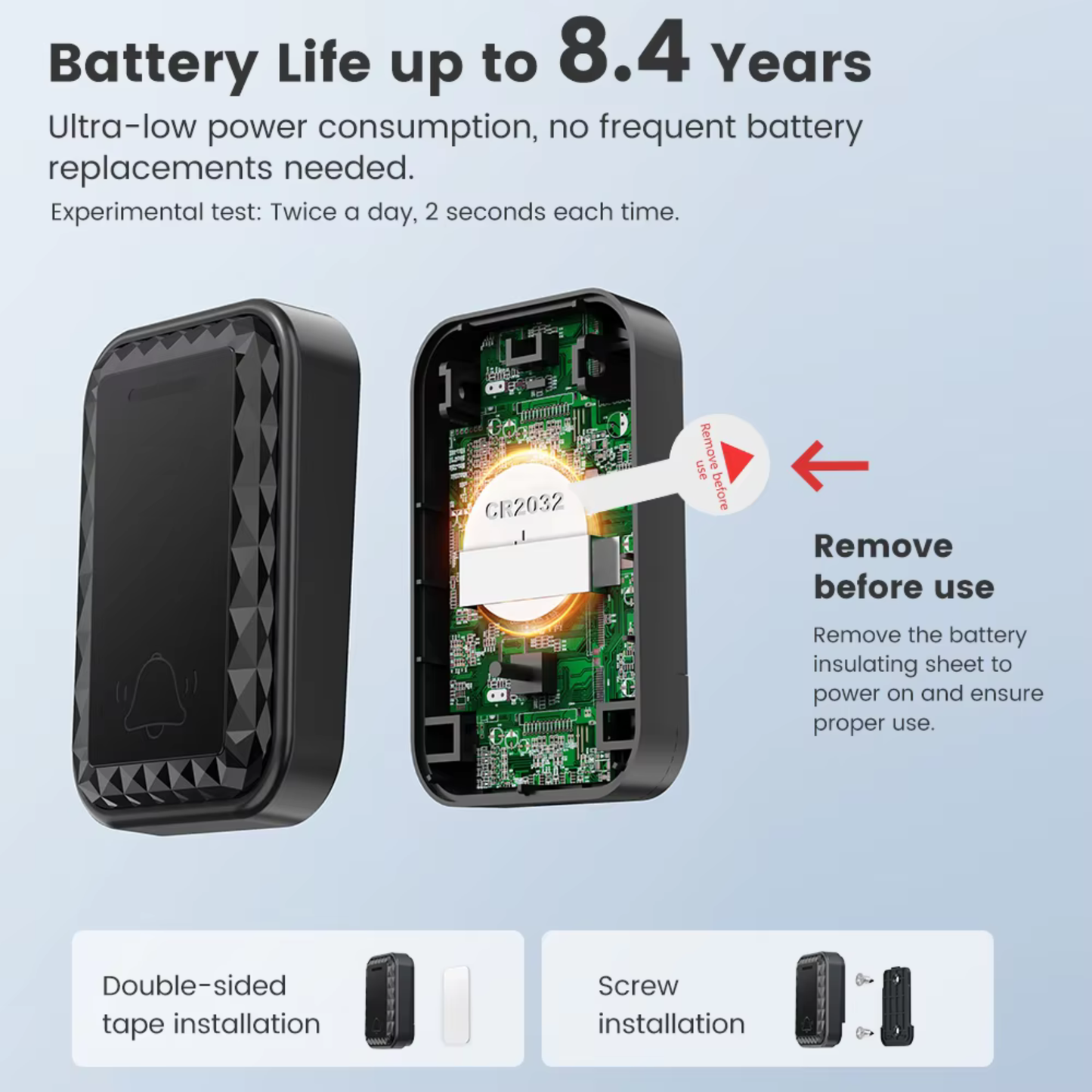 جرس باب لاسلكي — 62 نغمة، مدى 350 م، مستوى صوت حتى 110 dB، زر مقاوم للماء IP44