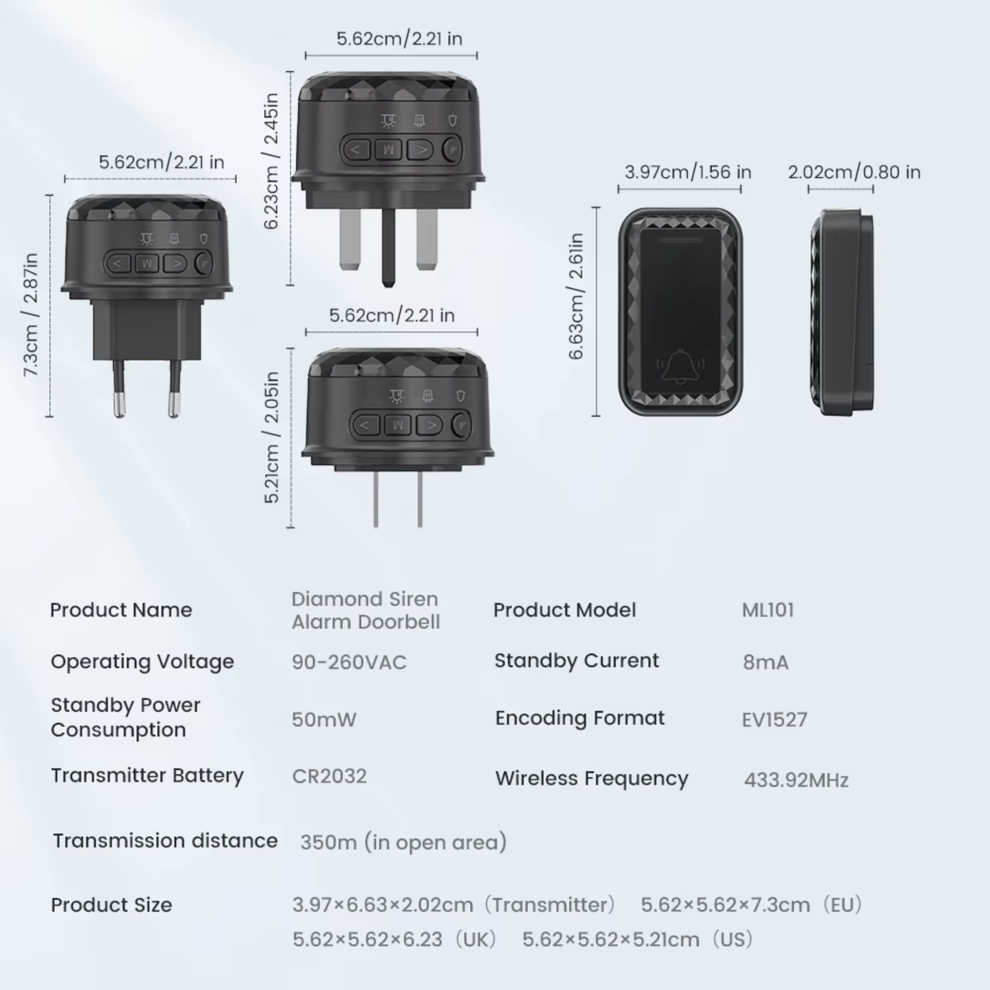 جرس باب لاسلكي — 62 نغمة، مدى 350 م، مستوى صوت حتى 110 dB، زر مقاوم للماء IP44