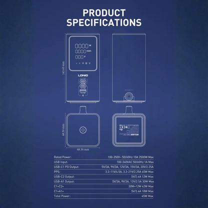 برج طاقة 2500 واط مع شحن PD/QC سريع وشاشة عرض رقمية