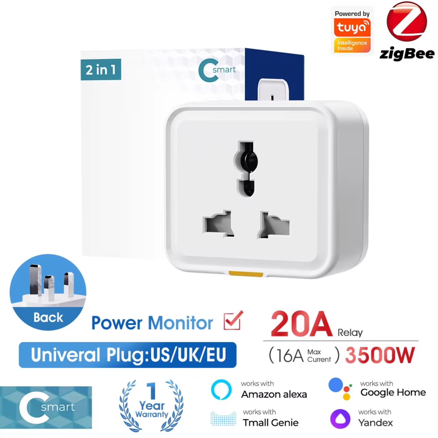 16 Amp Smart Plug with Power Monitoring Support, Tuya Zippy System - Smart Life