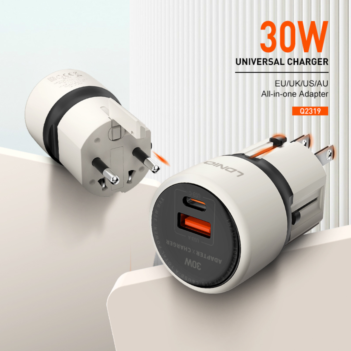بارگاویکەری گەشتیاریی جیهانی ٣٠ وات بە تەکنەلۆژیای GaN لەگەڵ دوو دەرچەی USB-C + USB-A