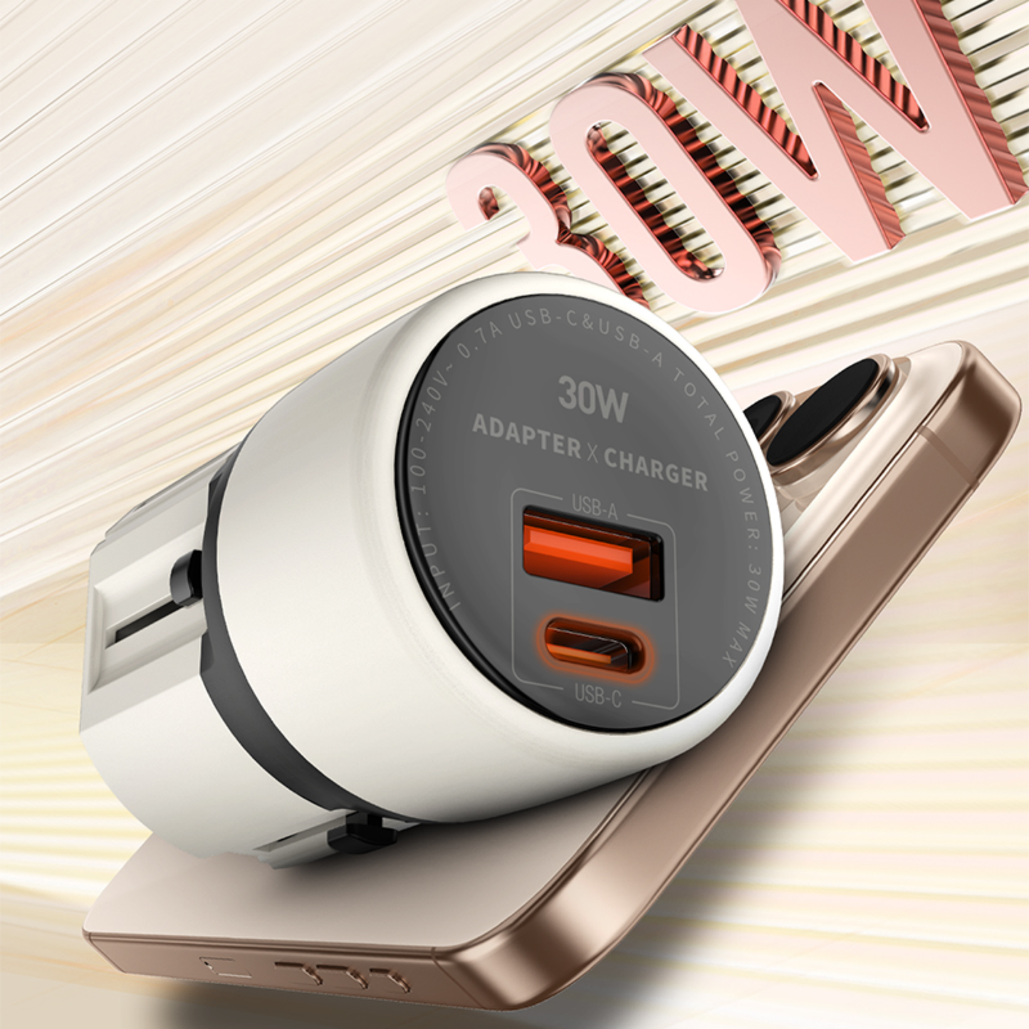 شاحن سفر عالمي  قدرة 30 واط بتقنية GaN مع منفذي USB-C + USB-A