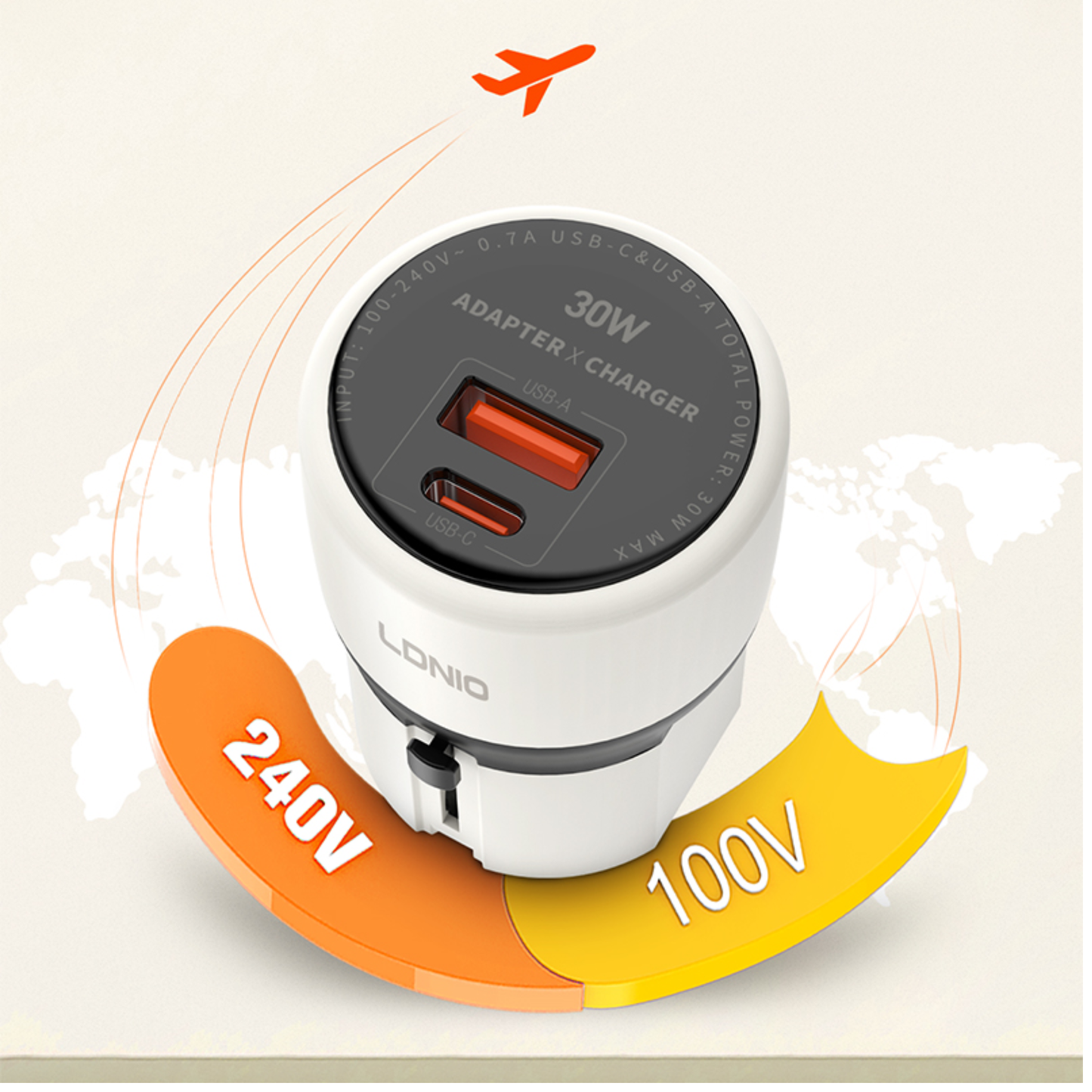 شاحن سفر عالمي  قدرة 30 واط بتقنية GaN مع منفذي USB-C + USB-A