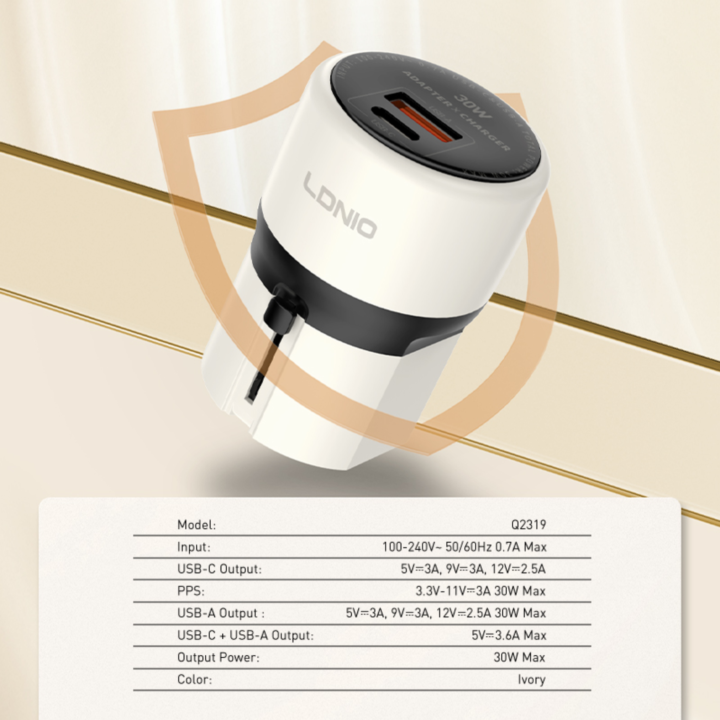 شاحن سفر عالمي  قدرة 30 واط بتقنية GaN مع منفذي USB-C + USB-A