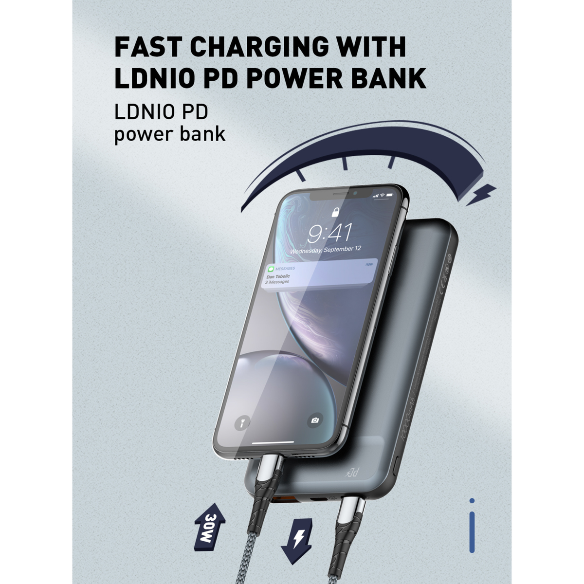 کەیبڵێکی بارگاویکەرەوەی خێرا (PD 30W) جۆری (USB-C بۆ Lightning) – ٢ مەتر و ١ مەتر