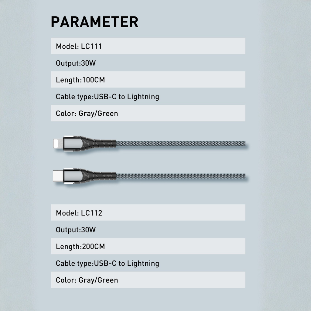 کەیبڵێکی بارگاویکەرەوەی خێرا (PD 30W) جۆری (USB-C بۆ Lightning) – ٢ مەتر و ١ مەتر