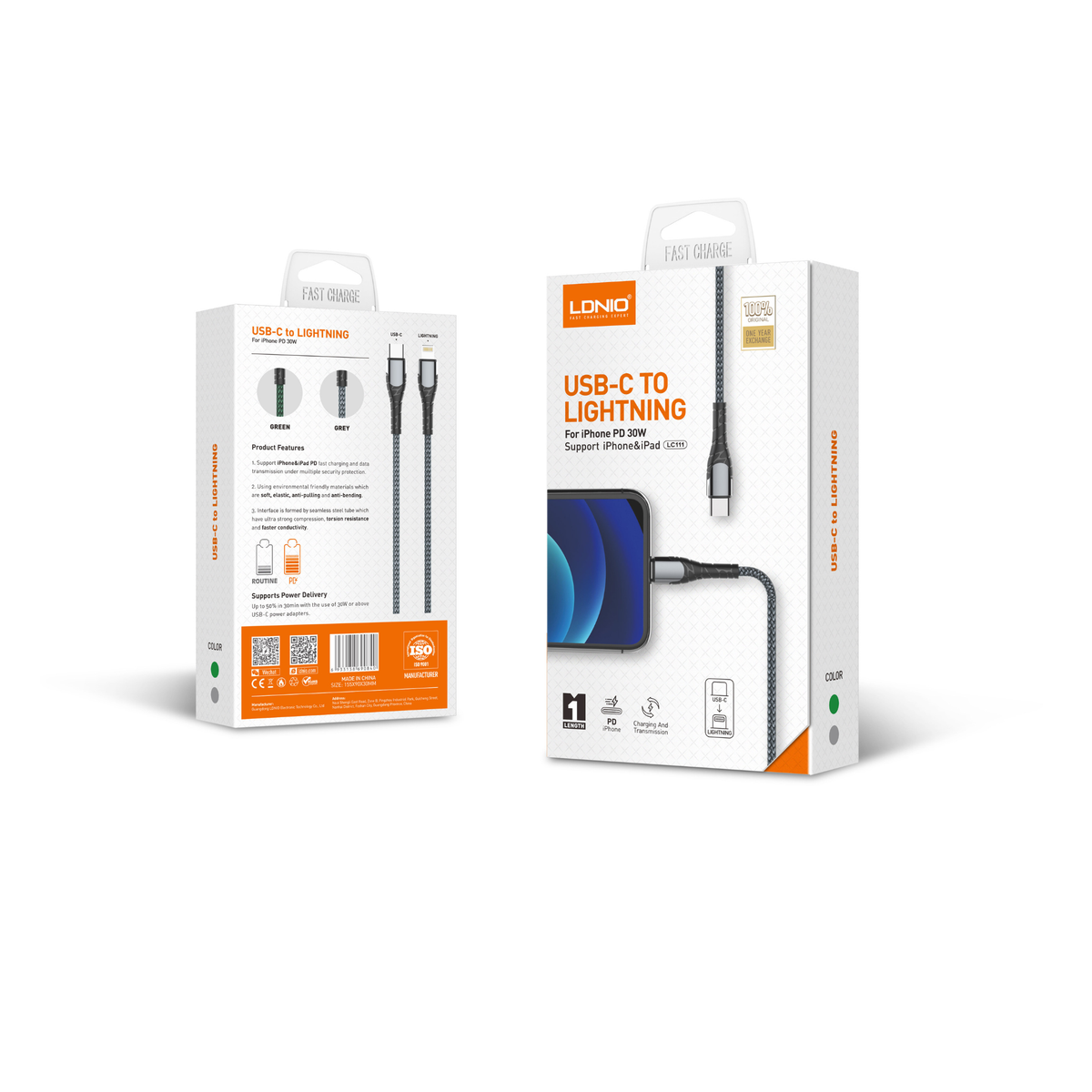 کەیبڵێکی بارگاویکەرەوەی خێرا (PD 30W) جۆری (USB-C بۆ Lightning) – ٢ مەتر و ١ مەتر