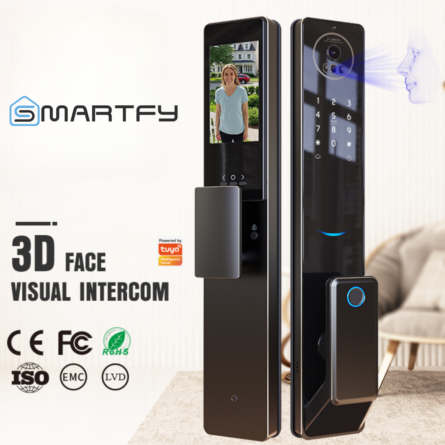 قفل باب ذكي بميزة التعرف على الوجه ثلاثية الابعاد 3D+ فيديو إنتركوم – نظام WIFI تطبيق  tuya-smart life