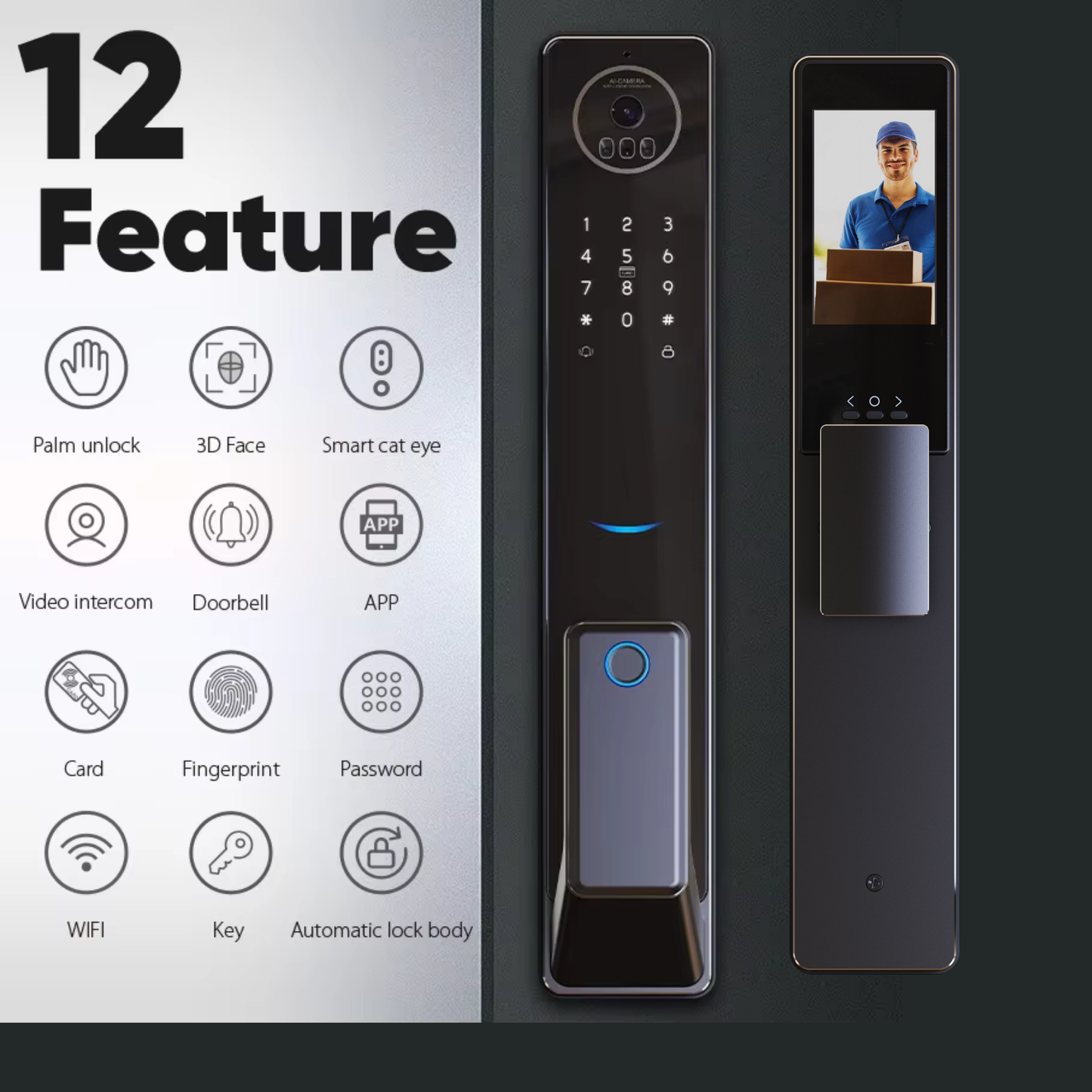 قفل باب ذكي بميزة التعرف على الوجه ثلاثية الابعاد 3D+ فيديو إنتركوم – نظام WIFI تطبيق  tuya-smart life