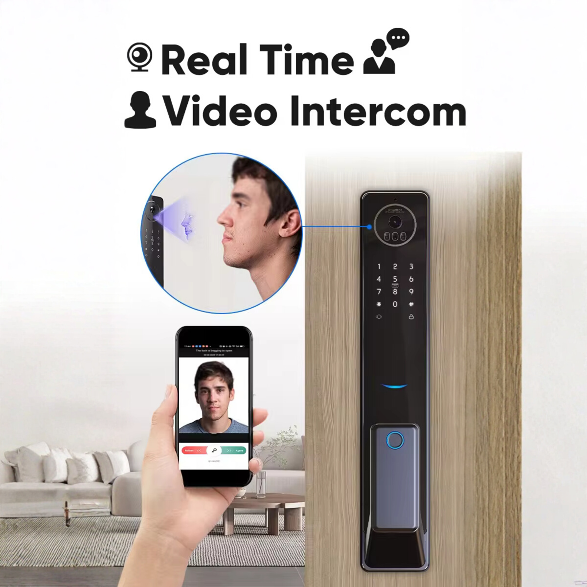 Smart door lock with 3D facial recognition + video intercom – Wi-Fi system, Tuya Smart Life app 