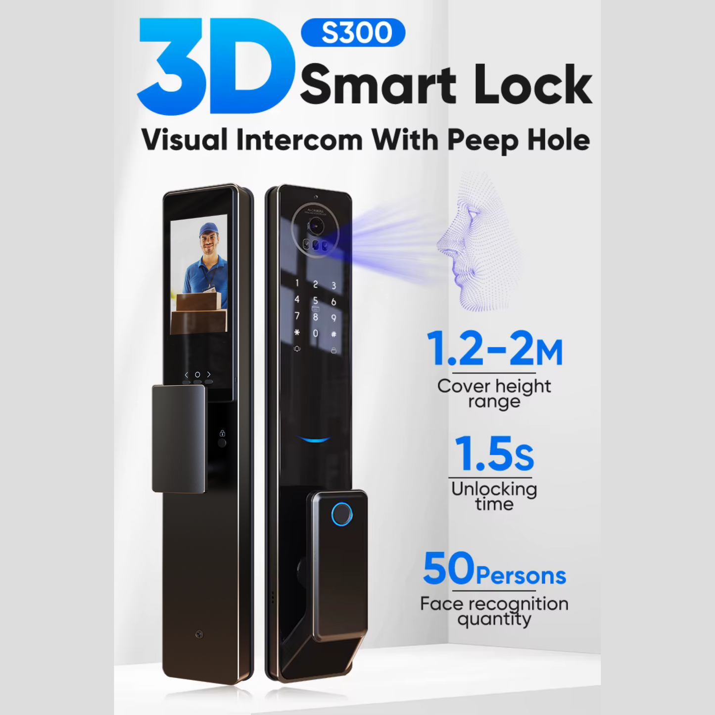 قفل باب ذكي بميزة التعرف على الوجه ثلاثية الابعاد 3D+ فيديو إنتركوم – نظام WIFI تطبيق  tuya-smart life