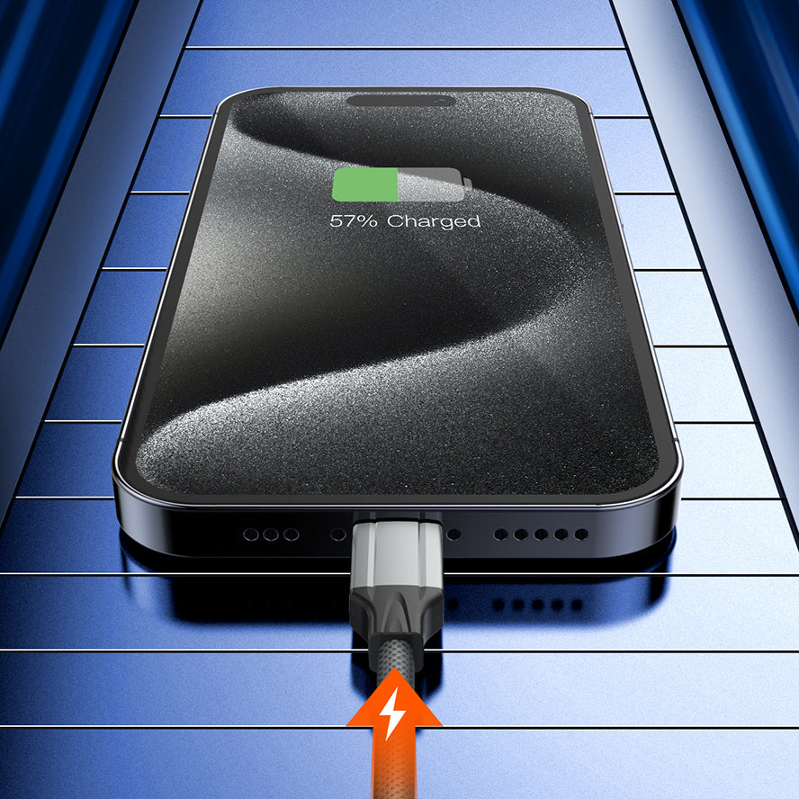 کەیبڵێکی بارگاویکردنی خێرا (2.4 ئەمپێر) بە درێژیی 1 مەتر (USB-A بۆ LIGHTING)، دروستکراو لە ماددەی TPE ی بەهێز و دژە چەمانەوە، بۆ بارگاویکردن و گواستنەوەی داتا.