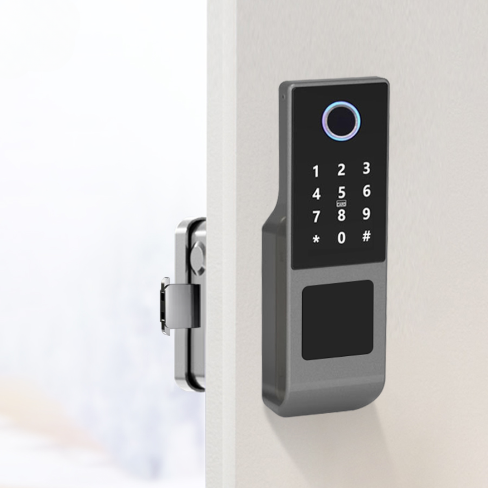 Smart exterior door lock with dual fingerprint entry (entry and exit), password and card, and Tuya Wi-Fi system. 