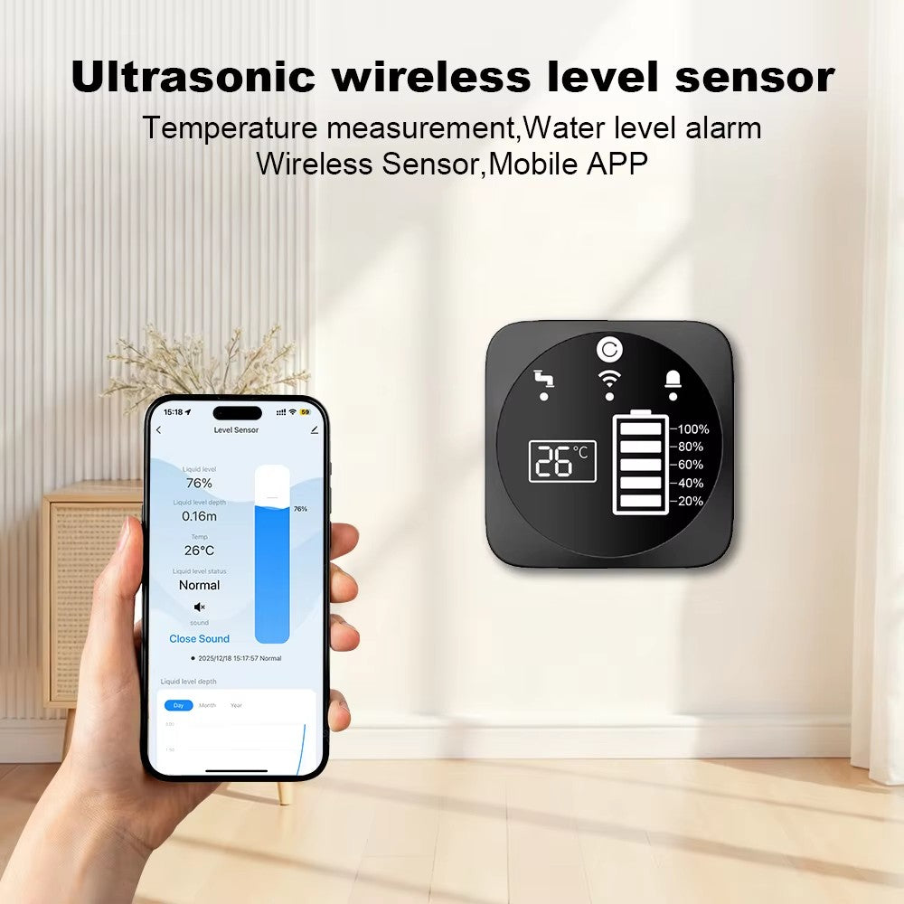حساس مستوى المياه الذكي بالموجات فوق الصوتية للخزانات  مع شاشة مراقبة - Wi-Fi وتطبيق Tuya