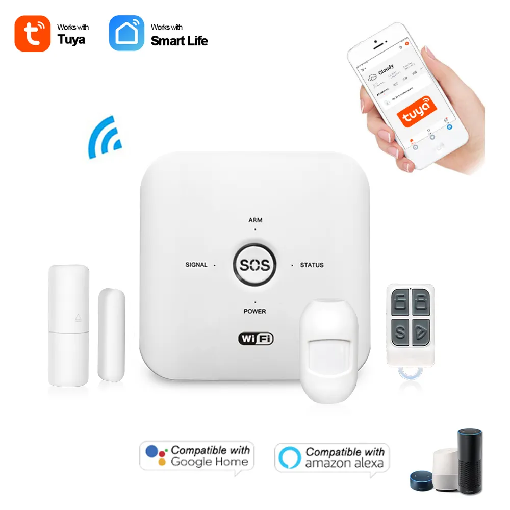 نظام إنذار ذكي للمنزل يعمل بالواي فاي ويدعم شريحة SIM – متوافق مع تطبيق Tuya Smart / Smart Life – تحكم عن بُعد وصوتي