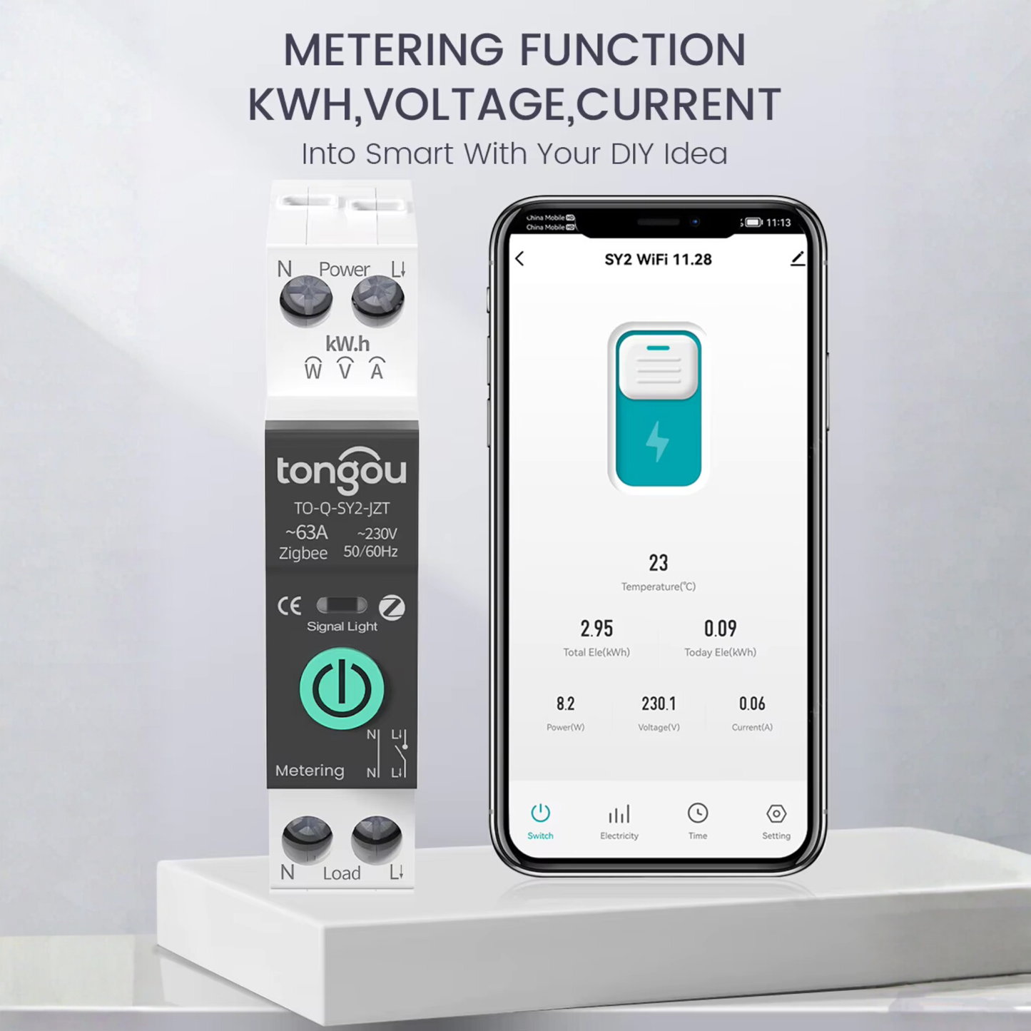 Smart fuse with amperage control from 1-63 amps, Zippy system, functions as a protection device, Tuya Smart Life app. 