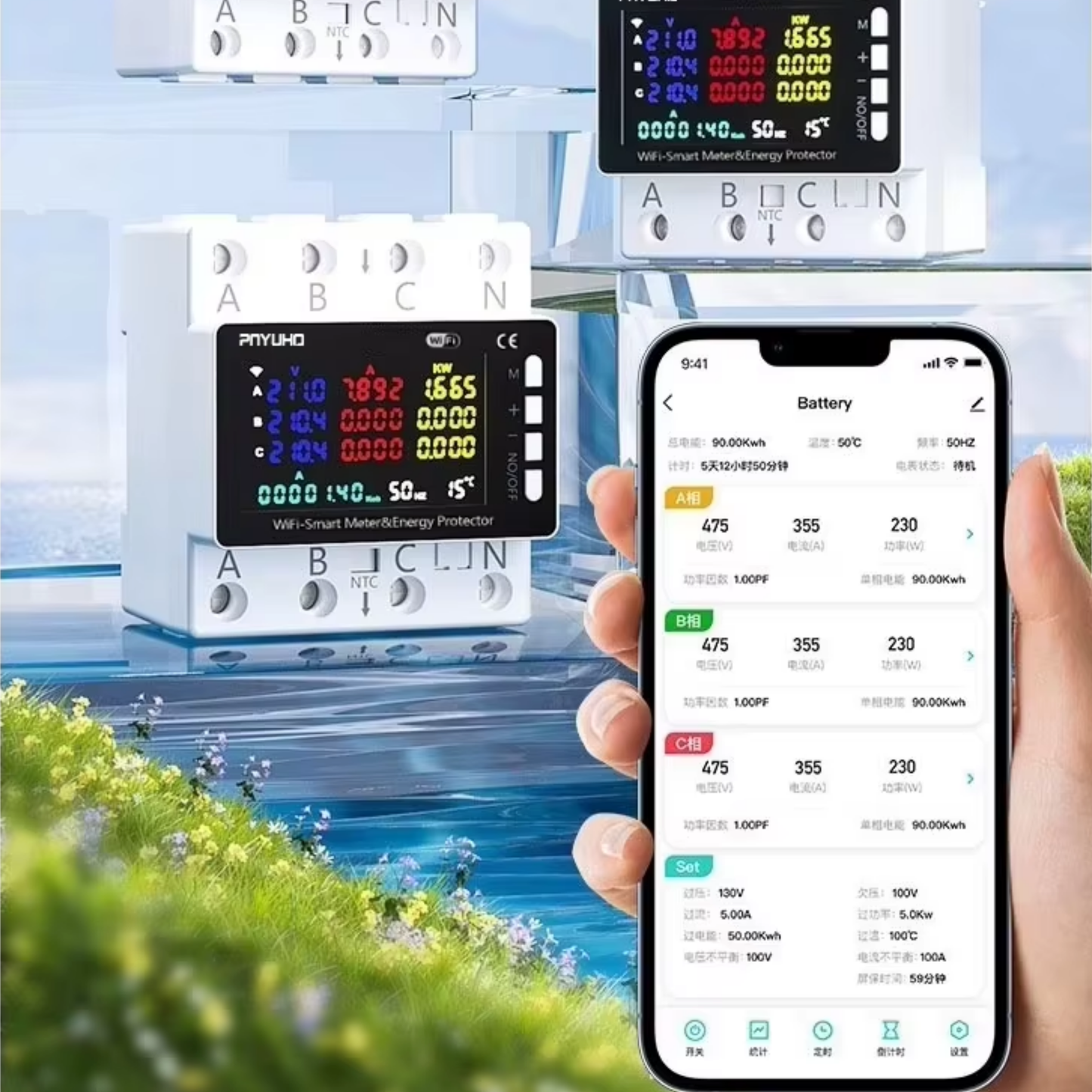 قاطع ذكي WiFi 80A ثلاثي الأطوار (3 فاز + N) مع حماية كهربائية نظام تويا