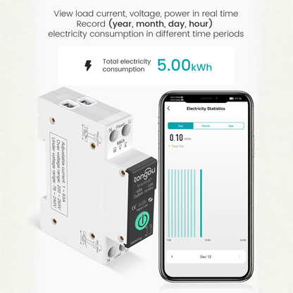 Smart fuse with amperage control from 1-63 amps, Zippy system, functions as a protection device, Tuya Smart Life app. 