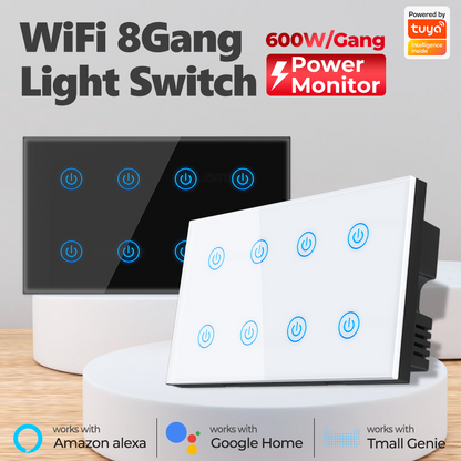 مفتاح جداري ذكي WiFi/Bluetooth بـ8 مفاتيح لمراقبة الطاقة والتحكم الصوتي – يعمل مع Tuya وAlexa وGoogle Home