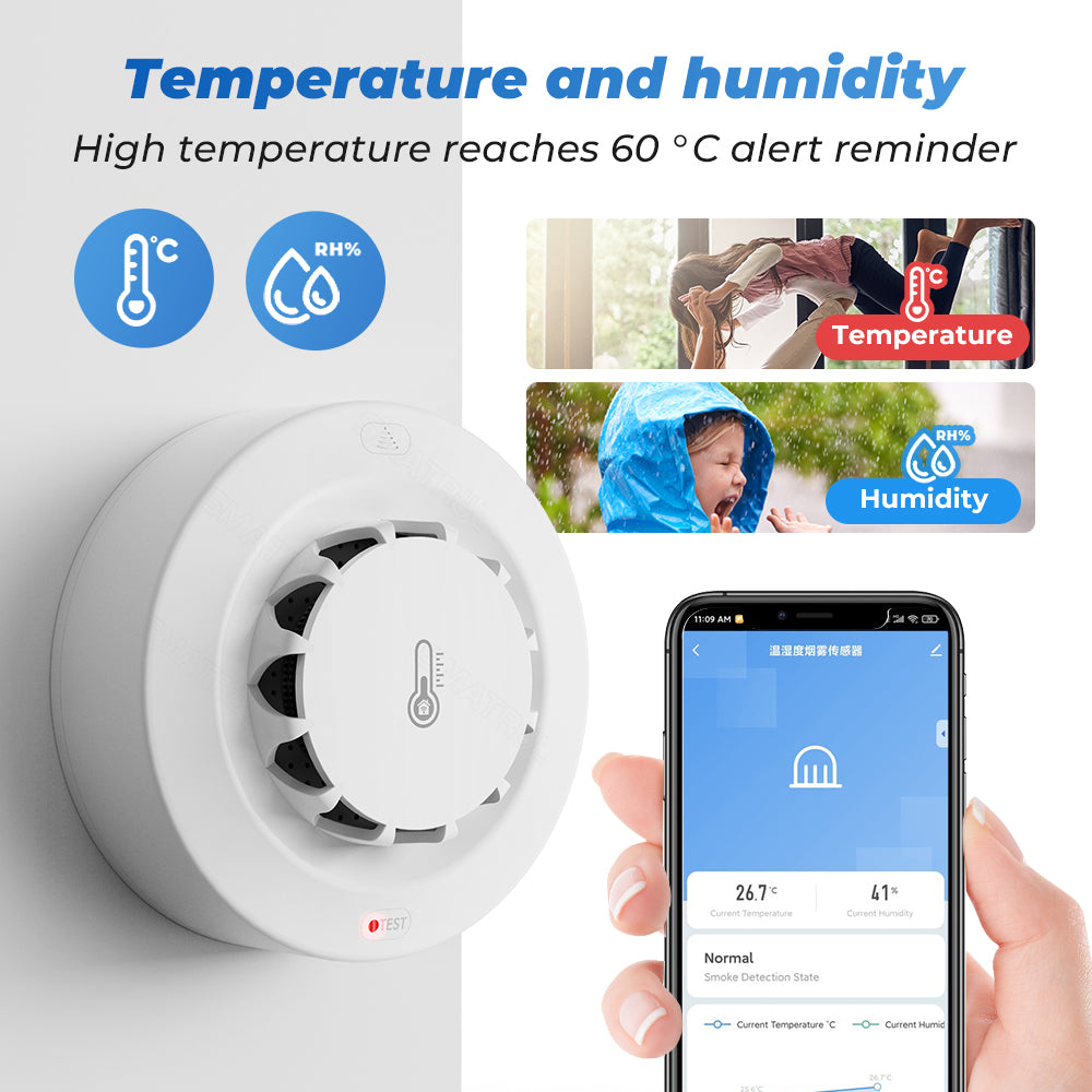 Smart smoke detector with temperature and humidity sensor - Wi-Fi + Bluetooth 