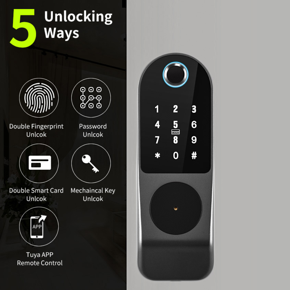 Smart exterior door lock with dual fingerprint entry (entry and exit), password and card, and Tuya Wi-Fi system. 