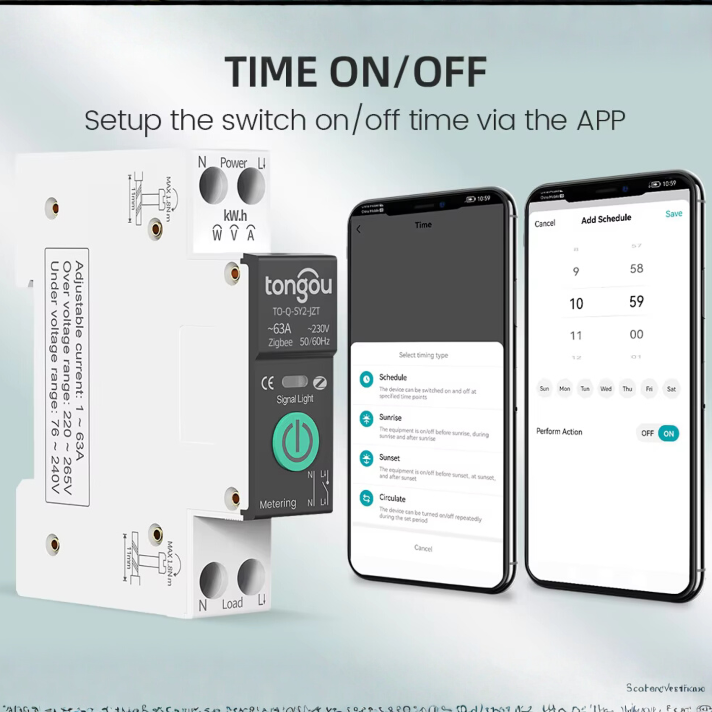 Smart fuse with amperage control from 1-63 amps, Zippy system, functions as a protection device, Tuya Smart Life app. 