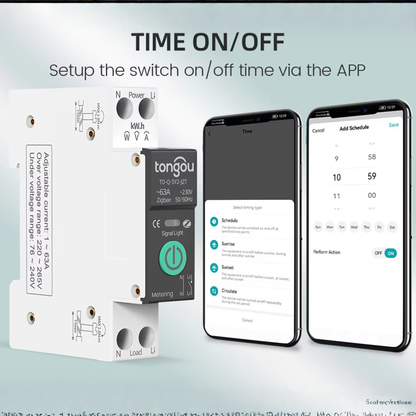 Smart fuse with amperage control from 1-63 amps, Zippy system, functions as a protection device, Tuya Smart Life app. 