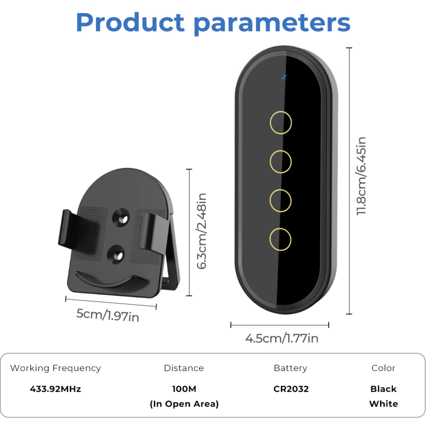 وحدة تحكم لاسلكية 433MHz – 4 أزرار (لوحة زجاج 2.5D + إضاءة خلفية)