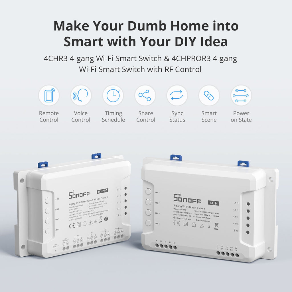 کلیلەی زیرەکی چوارگۆشەیی (Sonoff 4CHPROR3) بە تەکنەلۆژیای (Wi-Fi) و کۆنترۆڵی (RF)
