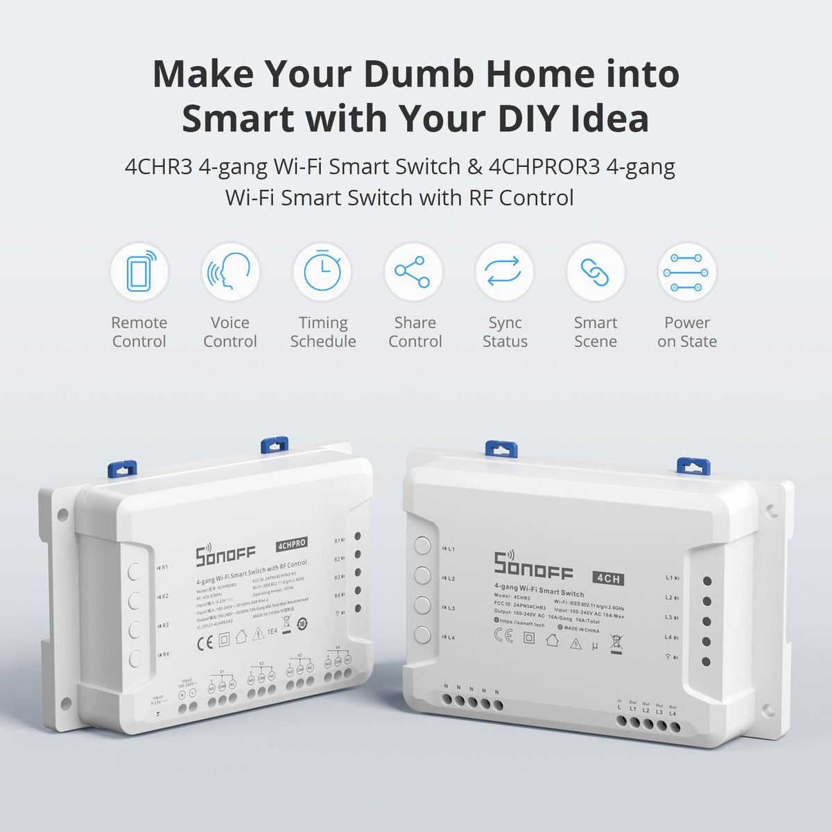 کلیلەی زیرەکی چوارگۆشەیی (Sonoff 4CHPROR3) بە تەکنەلۆژیای (Wi-Fi) و کۆنترۆڵی (RF)