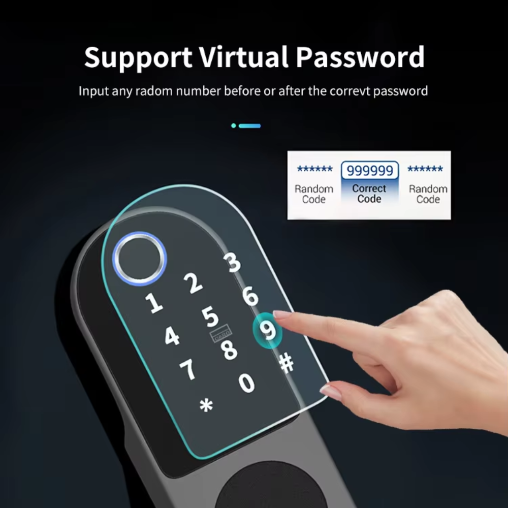 Smart exterior door lock with dual fingerprint entry (entry and exit), password and card, and Tuya Wi-Fi system. 