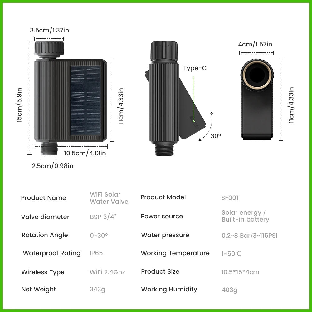 Smart water valve with 2.4G Wi-Fi, solar irrigation timer, and Type-C rechargeable battery – app control for garden, lawn, and drip irrigation systems 