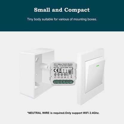 مفتاح ذكي مصغّر Zigbee بأربع قنوات (4 قنوات) – يعمل مع Tuya/Smart Life