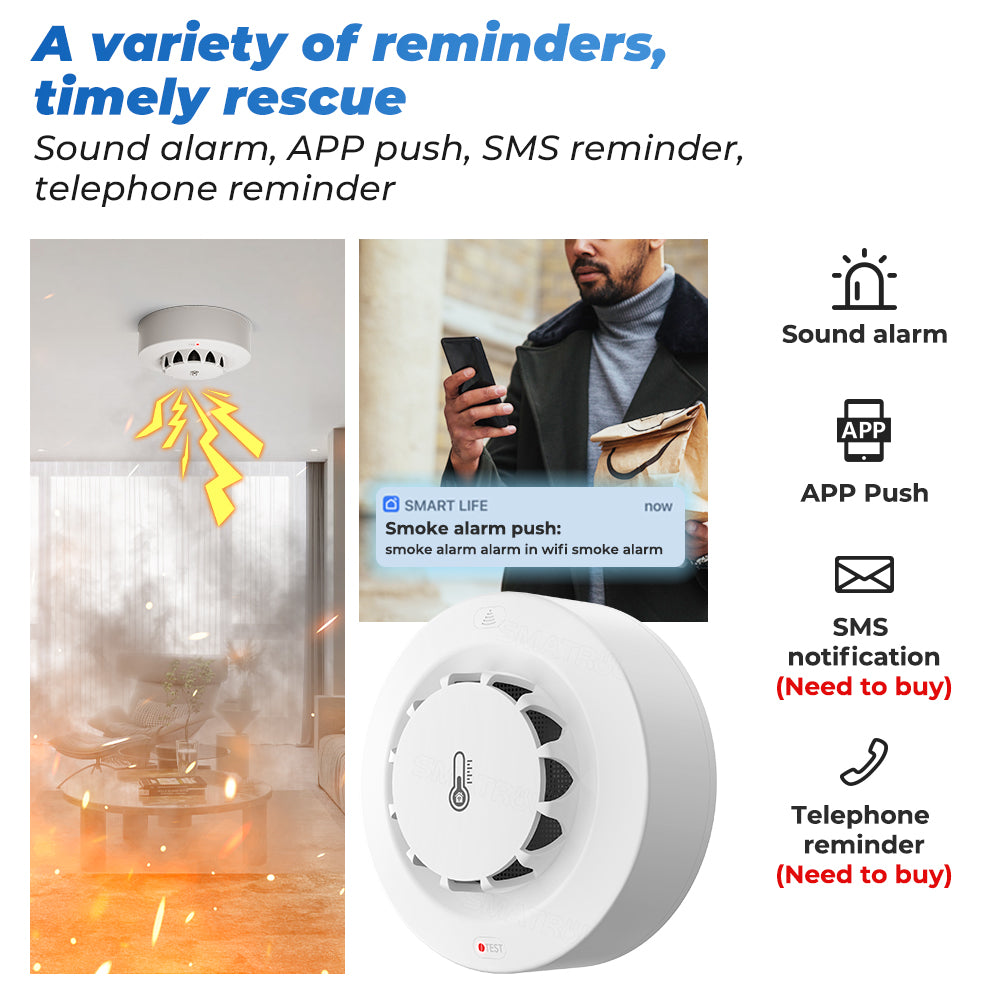 Smart smoke detector with temperature and humidity sensor - Wi-Fi + Bluetooth 