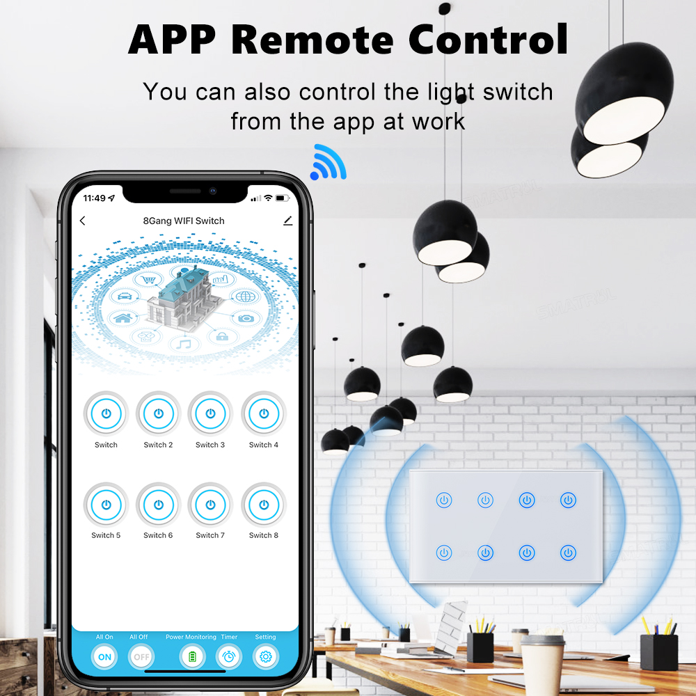 کلیلێکی دیواری زیرەکی WiFi/Bluetooth بە 8 کلیل بۆ چاودێریکردنی وزە و کۆنتڕۆڵی دەنگی - کاردەکات لەگەڵ Tuya و Alexa و Google Home