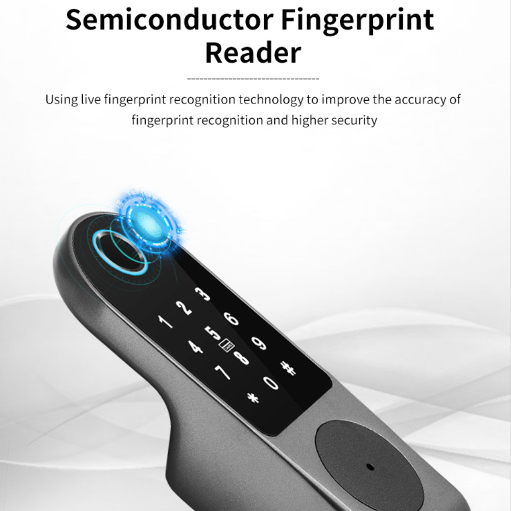 Smart exterior door lock with dual fingerprint entry (entry and exit), password and card, and Tuya Wi-Fi system. 