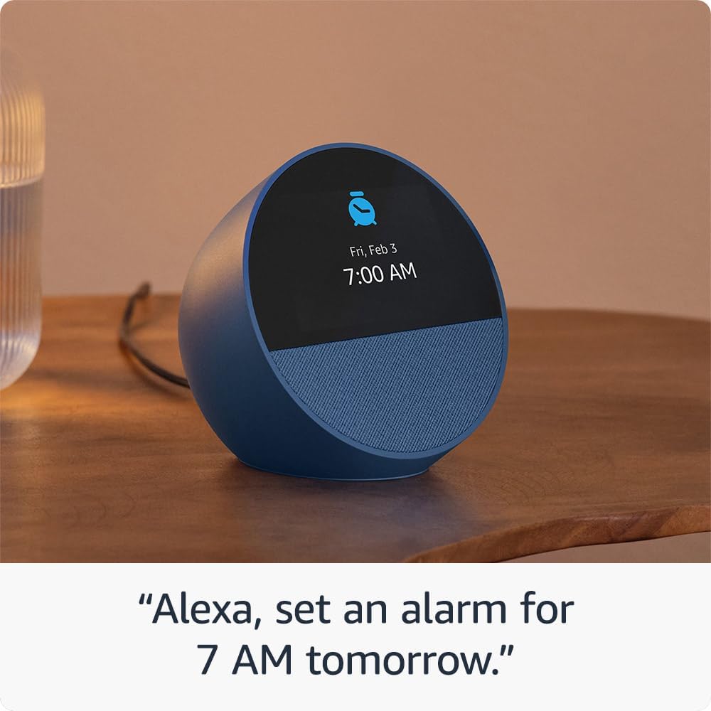 ئامێری Amazon Echo Spot 2024 - کاتژمێری هۆشمەندی ئەلێکسای زیرەک بە شاشەیەکی پێشکەوتوو و دەنگێکی ڕوون.