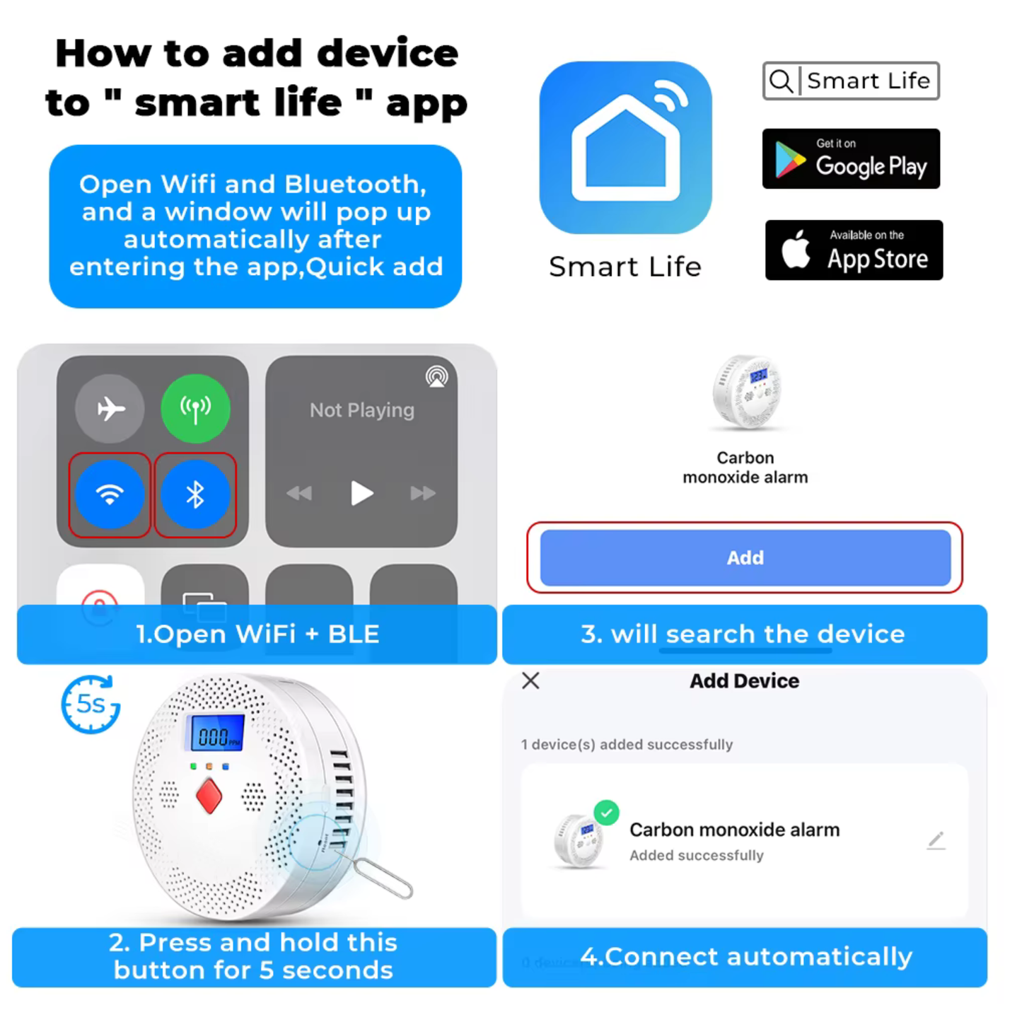 كاشف أول أكسيد الكربون (CO) الذكي بشاشة LCD وإنذار صوتي وضوئي