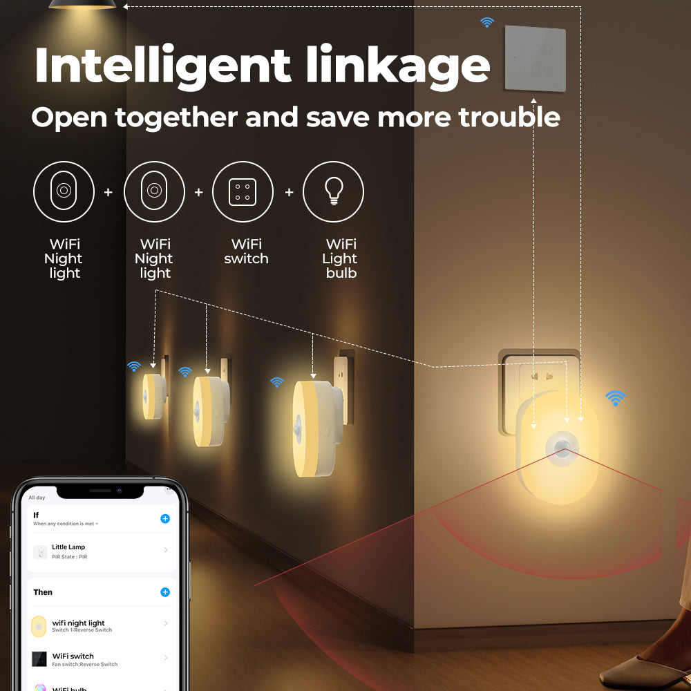 Smart color-changing WiFi night light with motion sensor and voice control – works with Tuya, Alexa, and Google.