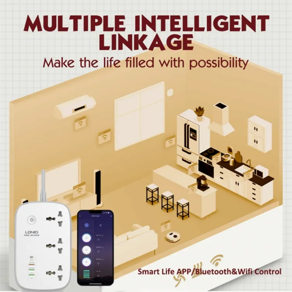 Smart Wi-Fi electric car with 3 power outlets and 4 USB ports for fast charging, Tuya app.