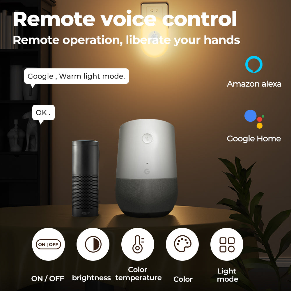 Smart color-changing WiFi night light with motion sensor and voice control – works with Tuya, Alexa, and Google.