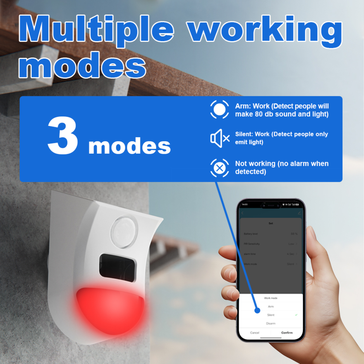 Smart outdoor motion sensor, weatherproof, battery-powered and solar-charged, Tuya Wi-Fi system 