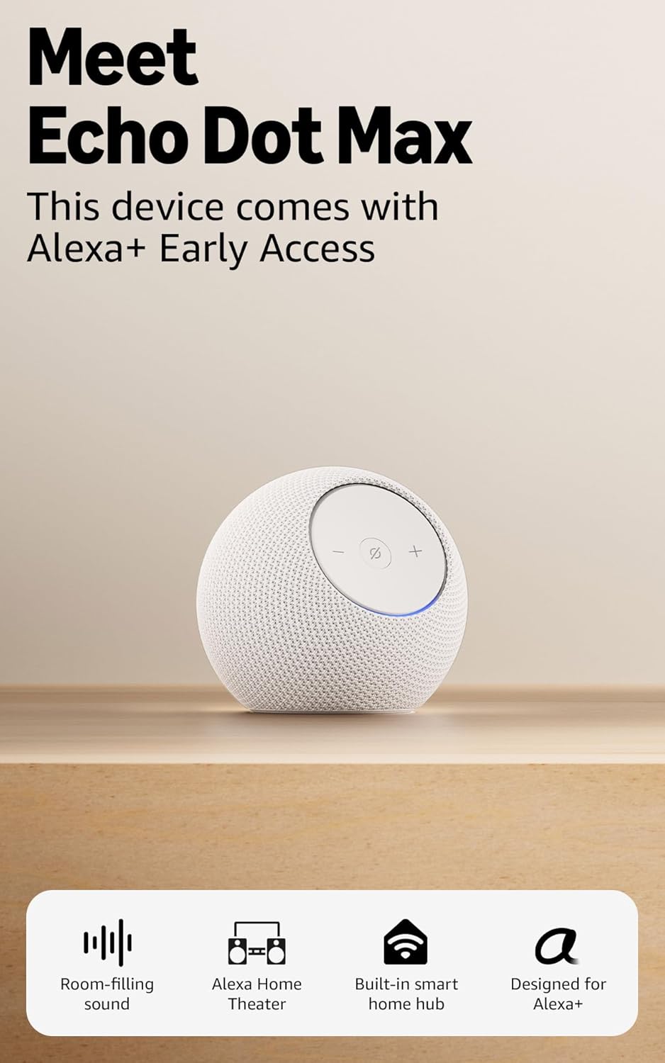 Echo Dot Max (2025) – سپیکەری ماڵی زیرەکی Wi-Fi 6E + بلوتوث لەگەڵ هابێکی ناوەکی