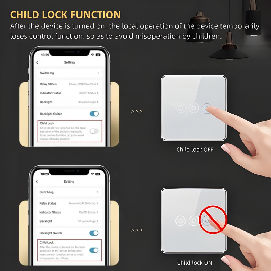 Touch-sensitive switch with power monitoring, child lock, adjustable switch lighting, and Wi-Fi enabled by Tuya 