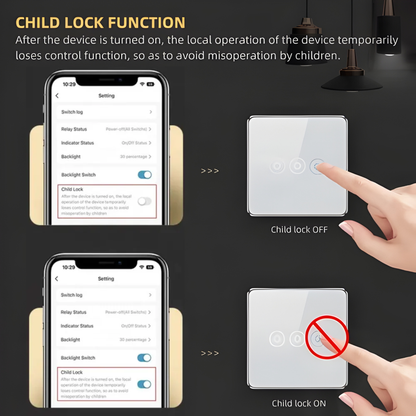 Touch-sensitive switch with power monitoring, child lock, adjustable switch lighting, and Wi-Fi enabled by Tuya 